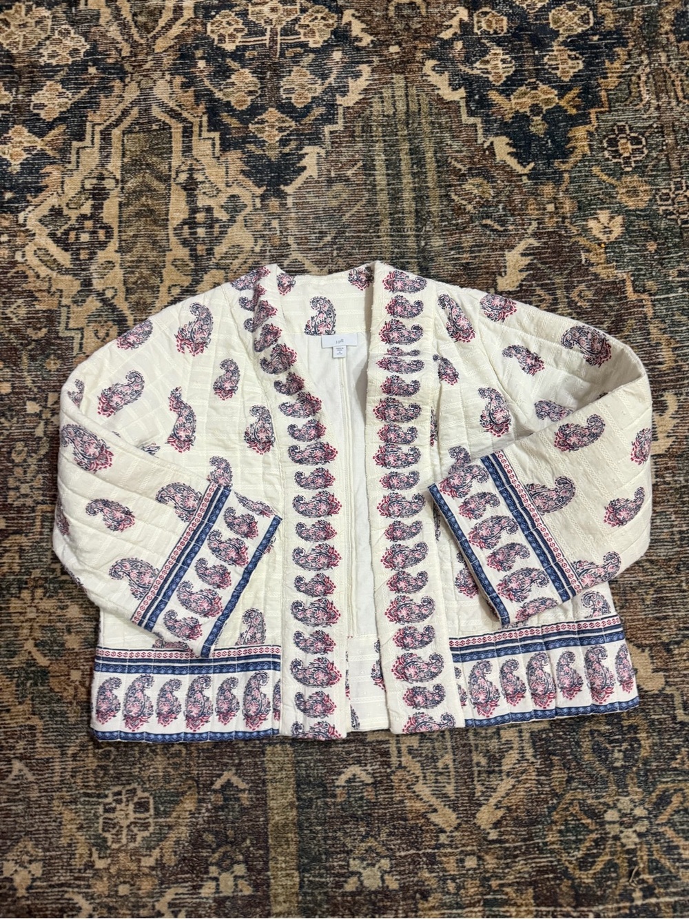 J. Jill White Quilted Jacket with Pink and Blue Paisley Trim